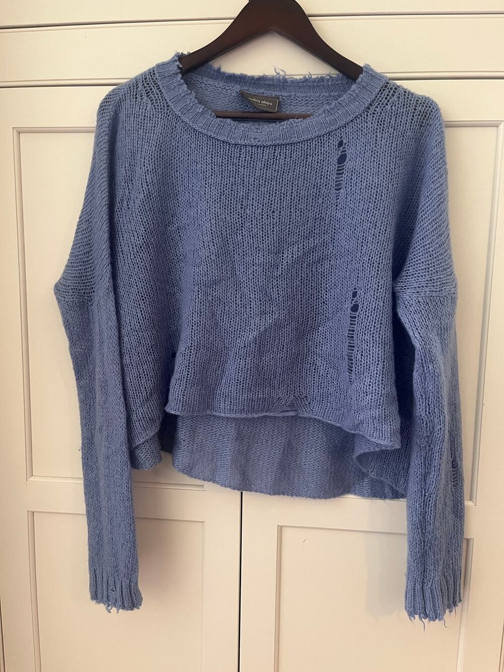 Wooden Ships Blue Shabby Chic Distressed Crop Knit Sweater Mohair Blend S